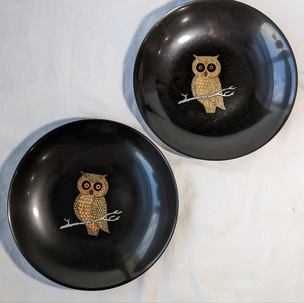 Vintage Couroc Monterey CA Inlaid Wood Owl Black Resin Bowls - 2